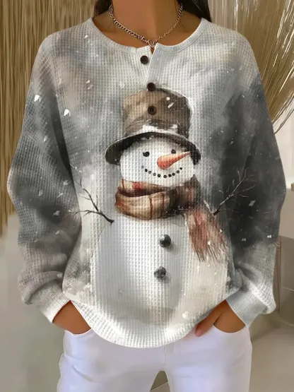 Women's Vintage Christmas Snowman Art Print Casual Cotton Waffle Sweatshirt