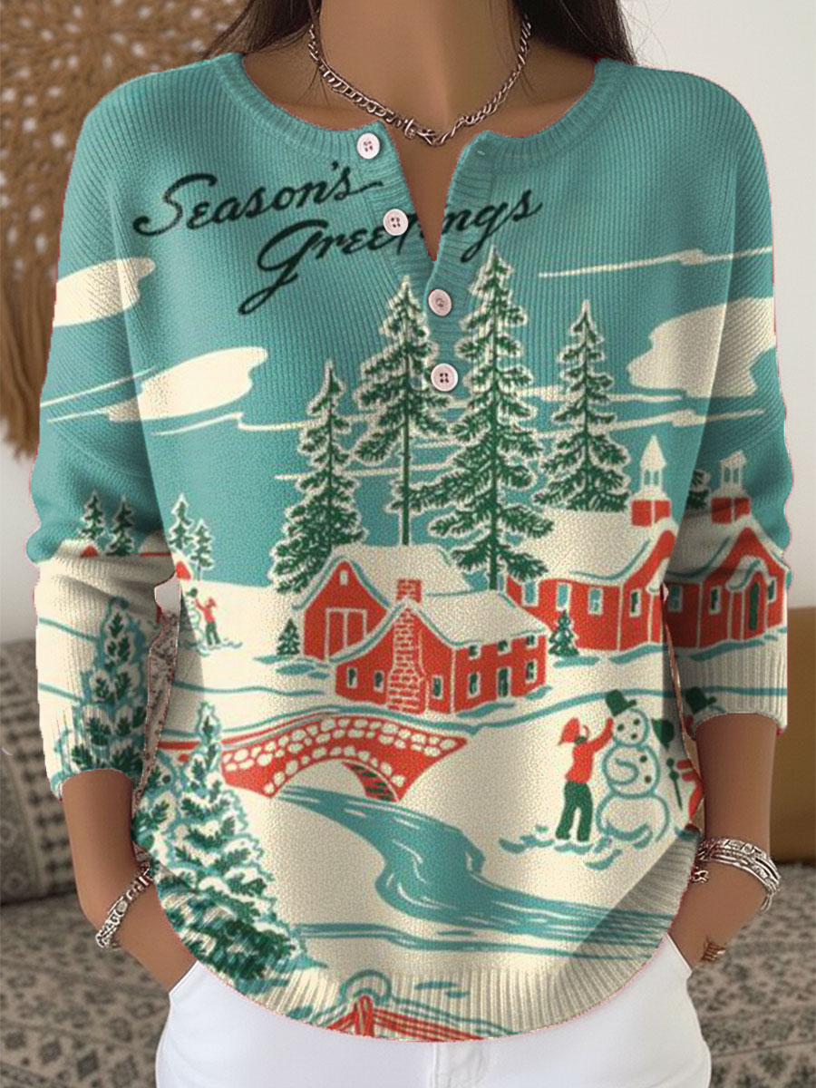 Vintage Christmas Art Print Buttoned Cardigan Sweater