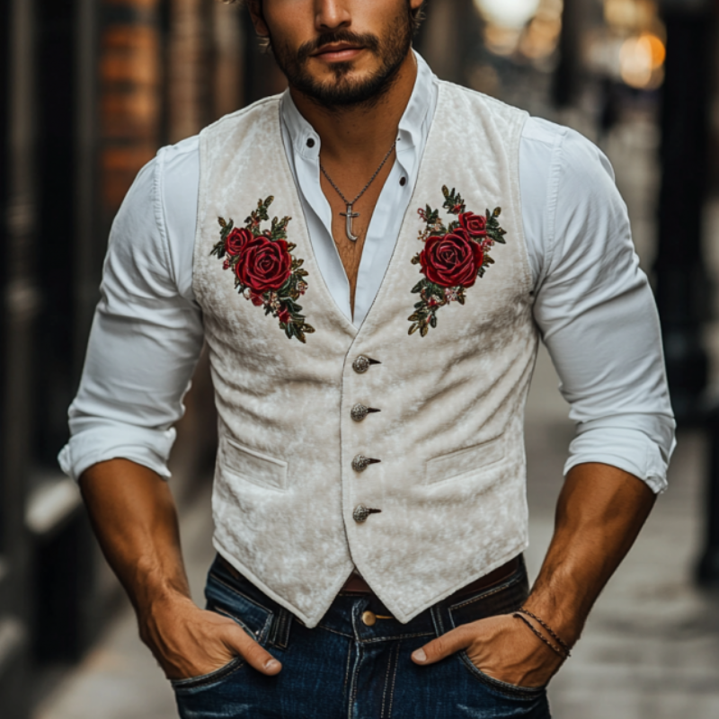 Men's Classic Casual American Retro Velvet Rose Embroidered Vest 
