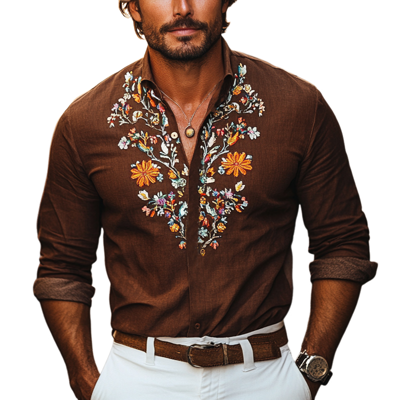 Men's Vintage Cotton and Linen Embroidered Casual Long Sleeve Shirt 