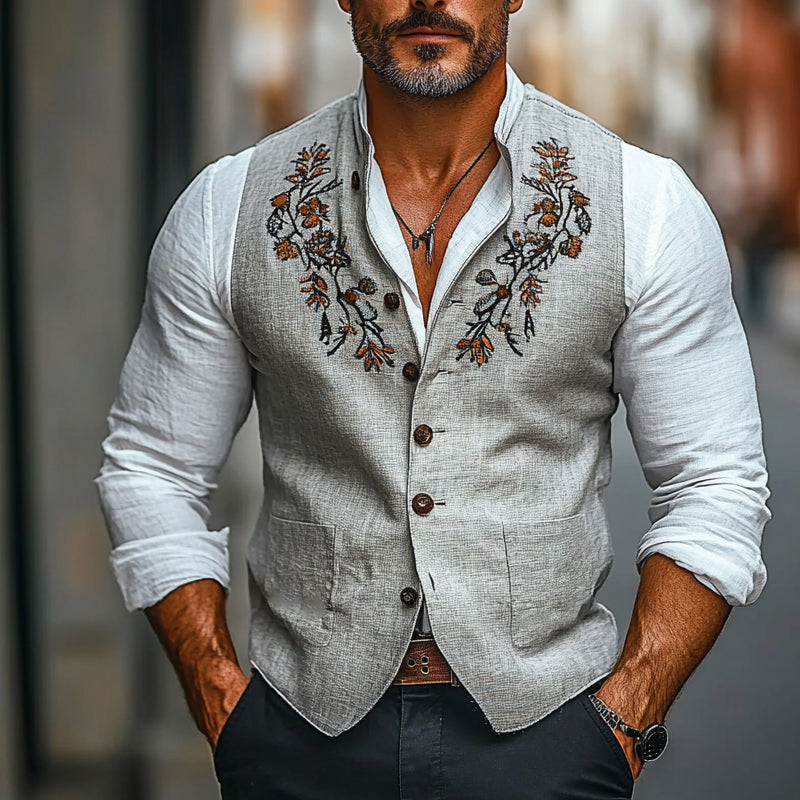 Men's Vintage Embroidered Stand Collar Vest 