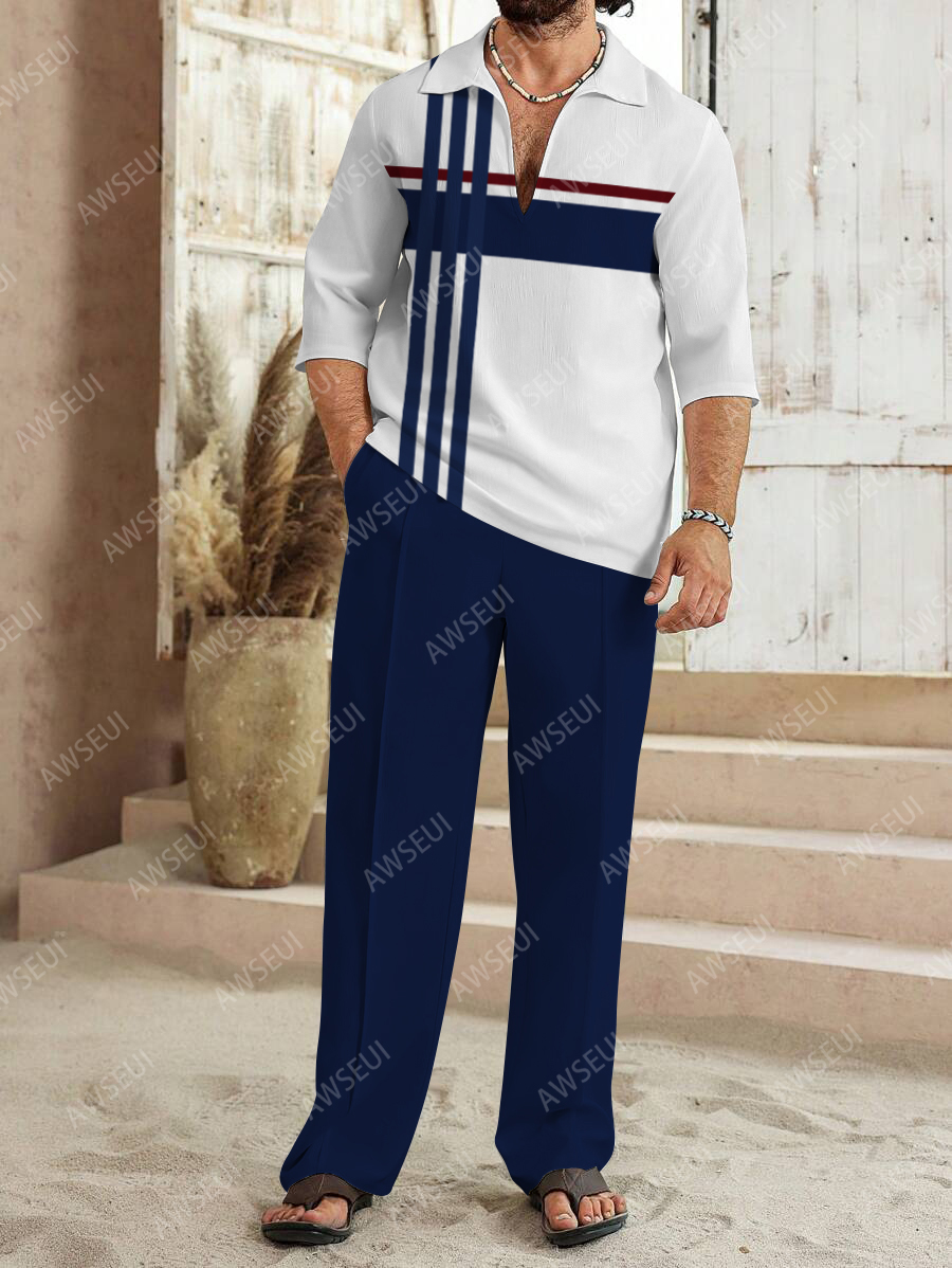 Men's fashion casual color matching print sleeve V-neck two-piece set
