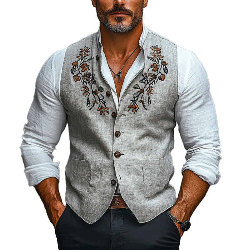 Men's Vintage Embroidered Stand Collar Vest 