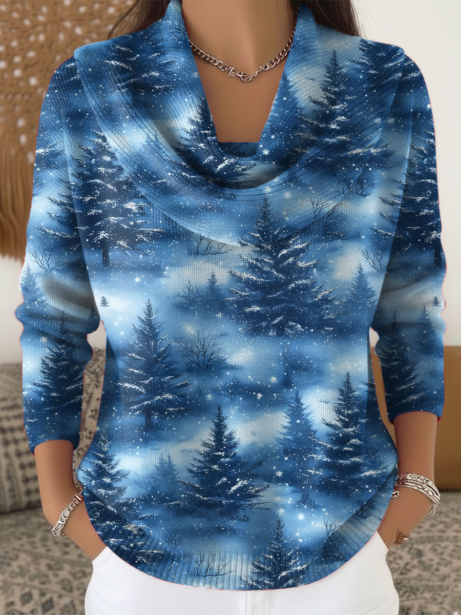 Women's Christmas Tree Pattern Art Print Cowl Neck Sweater