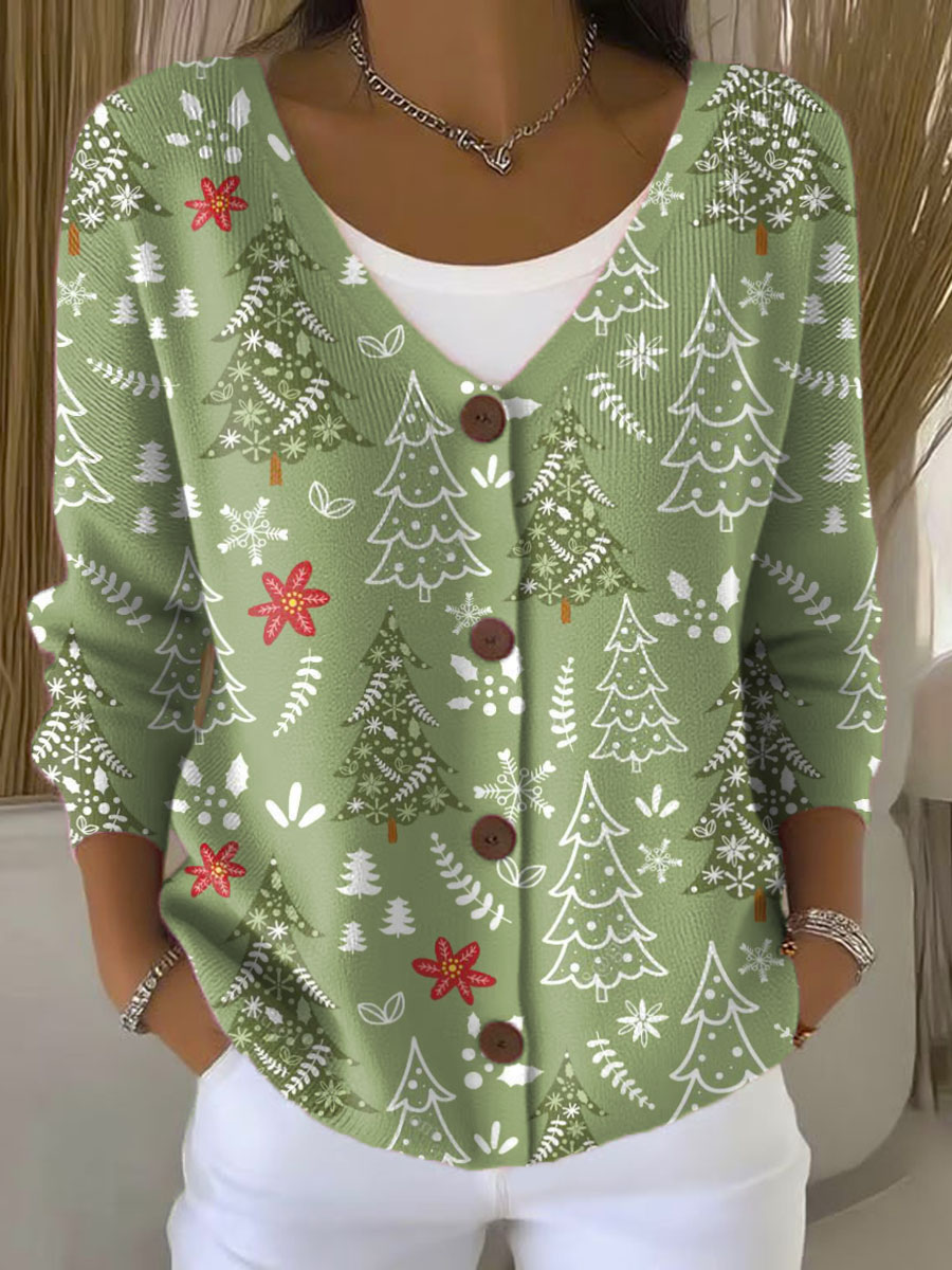 Women's Christmas Tree Art Print Buttoned V-neck Cardigan Sweater