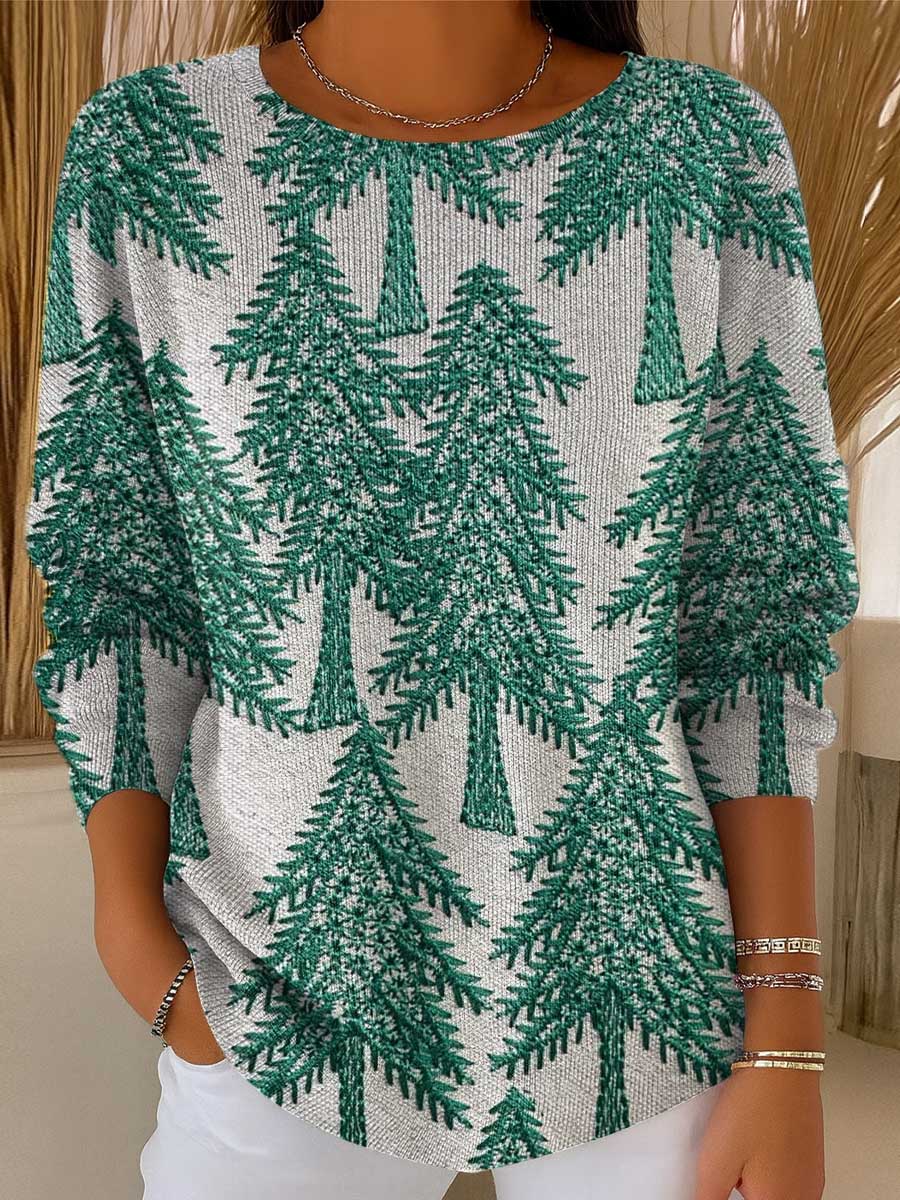 Women's Christmas Tree Pattern Art Print Casual Pullover Sweater