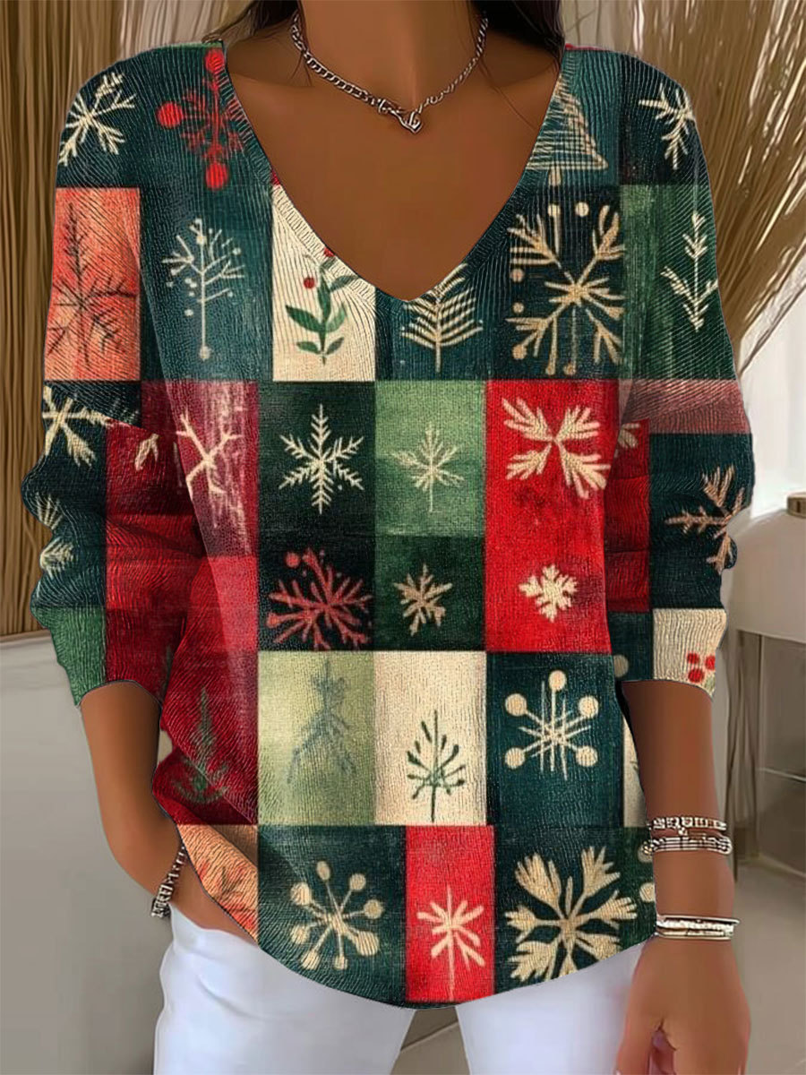 Women's Vintage Christmas Art Print Casual Pullover Sweater