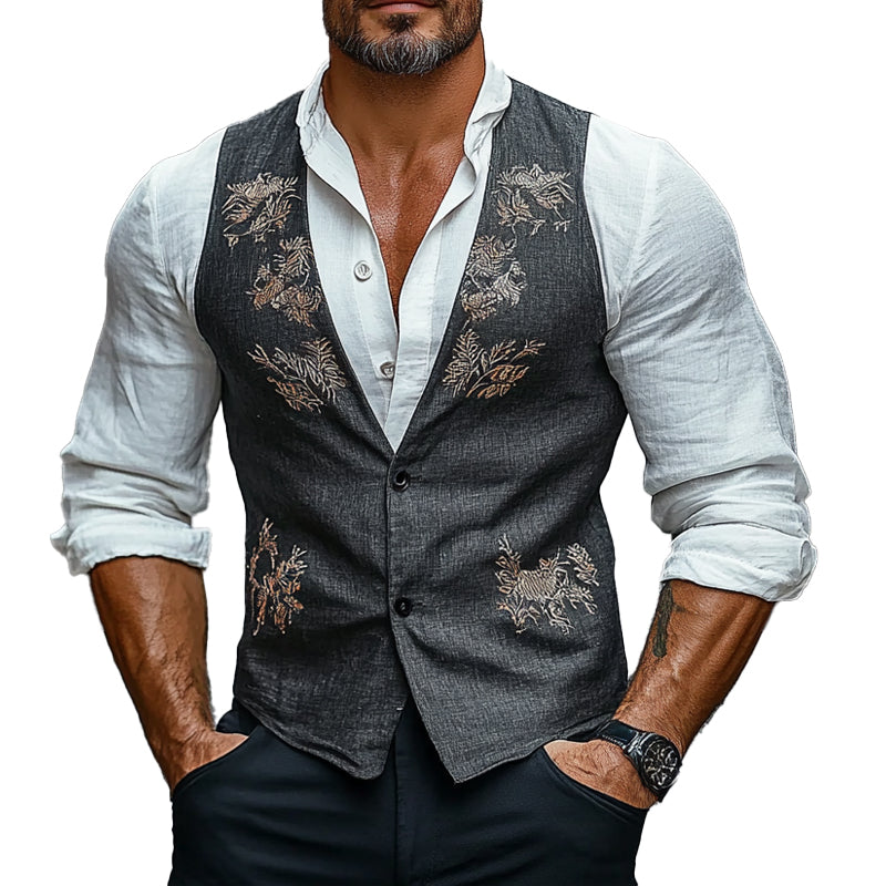 Men's Vintage Floral Embroidered Vest 