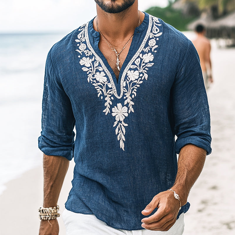Men's Vintage Casual Embroidered Cotton and Linen Henley Collar Long Sleeve Shirt
