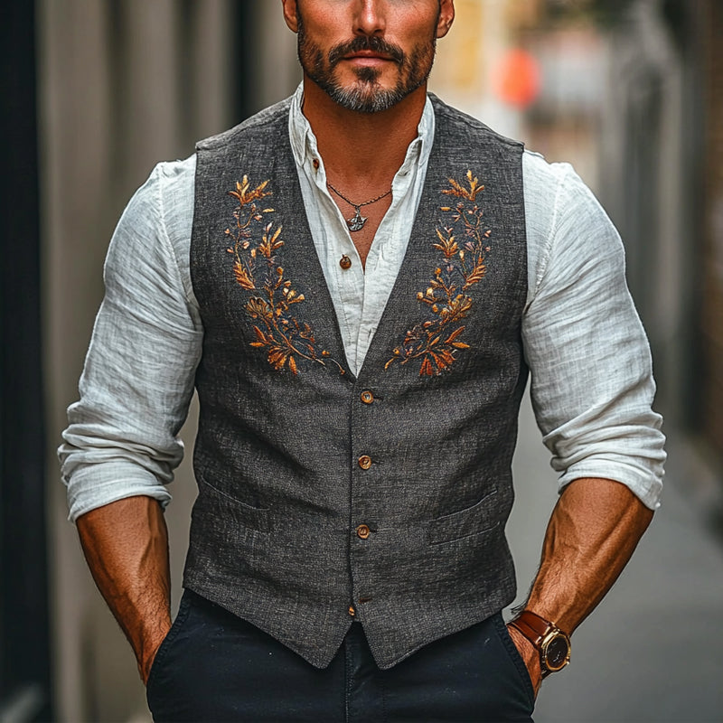 Men's Floral Embroidered V-neck Vest 