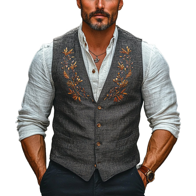 Men's Floral Embroidered V-neck Vest 