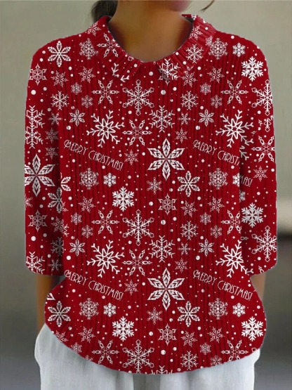 Vintage  Christmas Snowflake Art Print Buttoned Cardigan Sweater