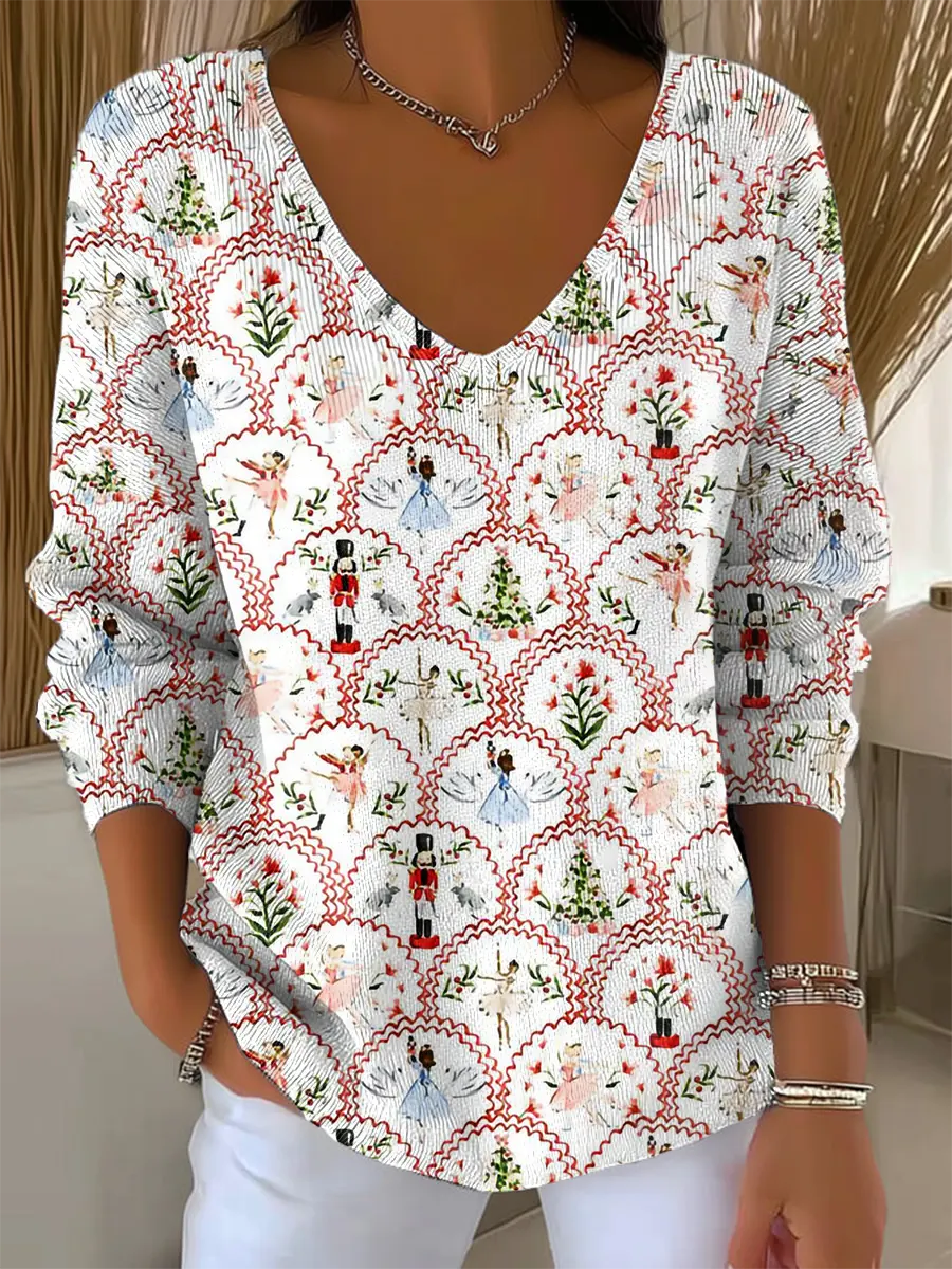 Women's Vintage Christmas  Art Print V-neck  Loose  Sweater