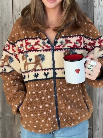 Cozy Lambswool Reindeer Print Zip-up Hooded Jacket