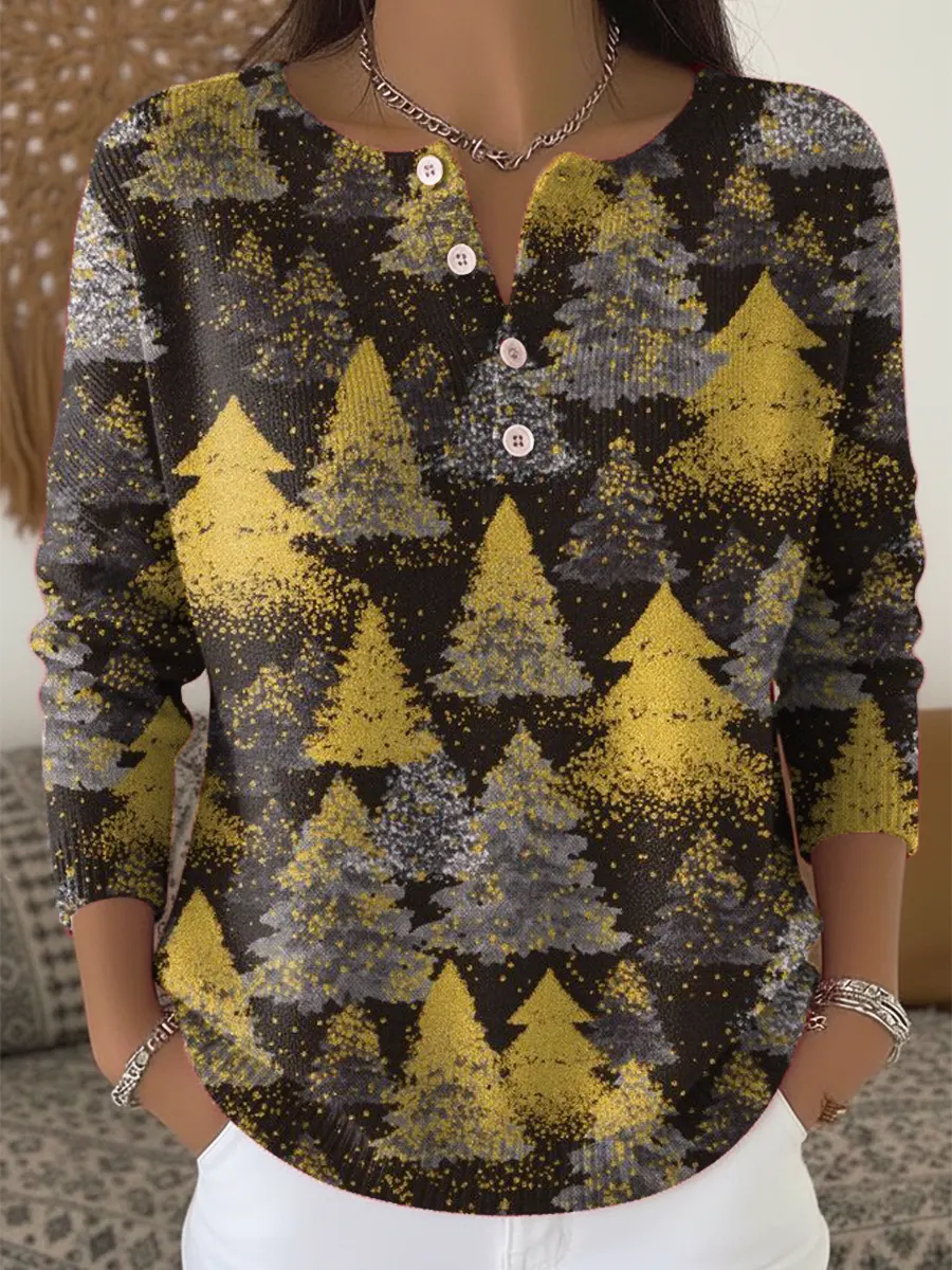 Women's Christmas Tree Pattern Art Print Casual Cardigan Sweater
