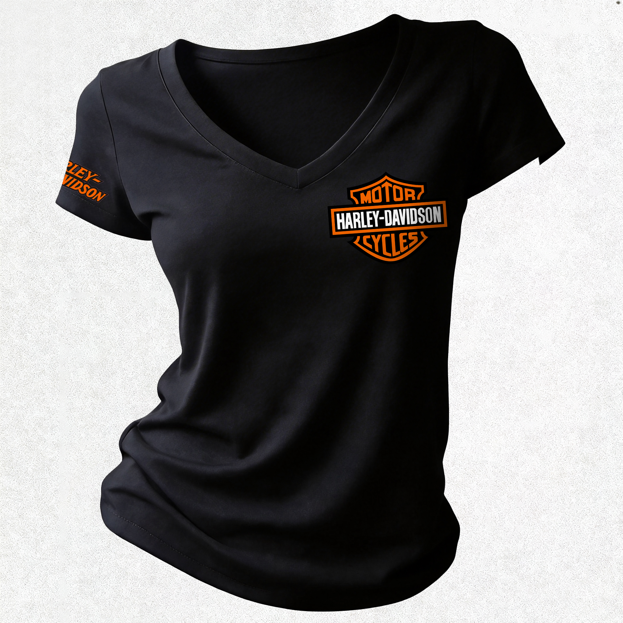  Motorcycles Printed Women's V-neck Pleated Waist Fitted T-shirt