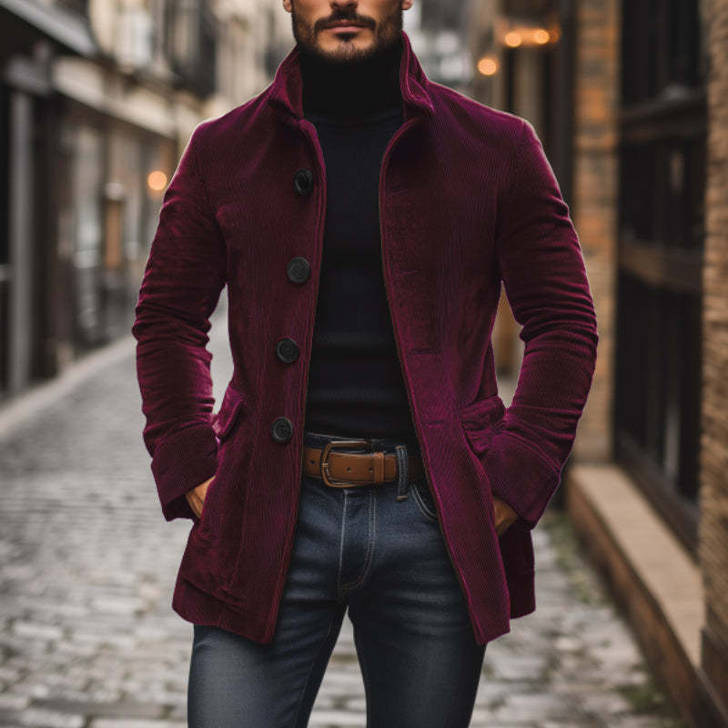 Men's Vintage Corduroy Stand Collar Single Breasted Slim Short Coat 