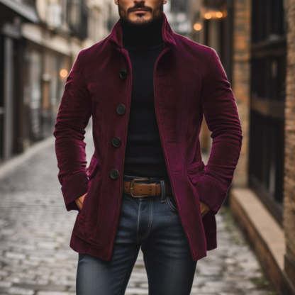 Men's Vintage Corduroy Stand Collar Single Breasted Slim Short Coat 