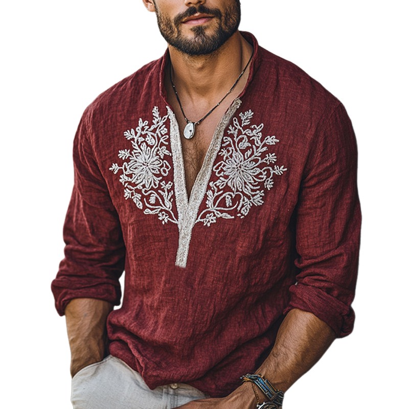 Men's Vintage Dark Red Deep V-Neck Embroidered Long Sleeve T-Shirt 