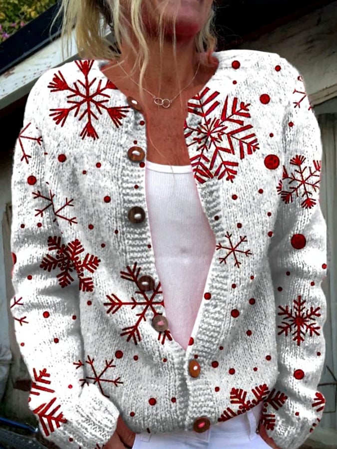 Women's Vintage Christmas Snowflake Print Cardigan