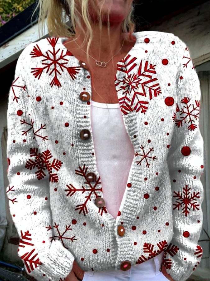 Women's Vintage Christmas Snowflake Print Cardigan