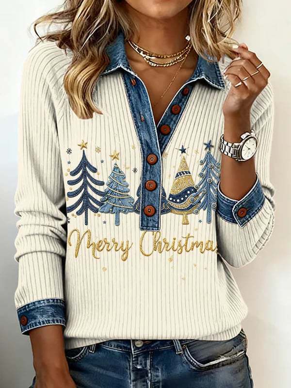 Women's Vintage Christmas Tree Plaid Patchwork Collar Blouse