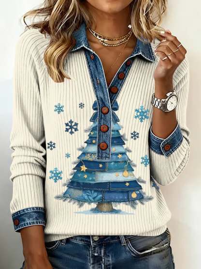 Women's Vintage Christmas Tree Plaid Patchwork Collar Blouse