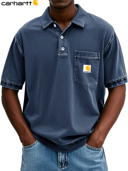 Carhartt Men's Fashion Retro Distressed Lapel Pocket Short-sleeved Polo Shirt