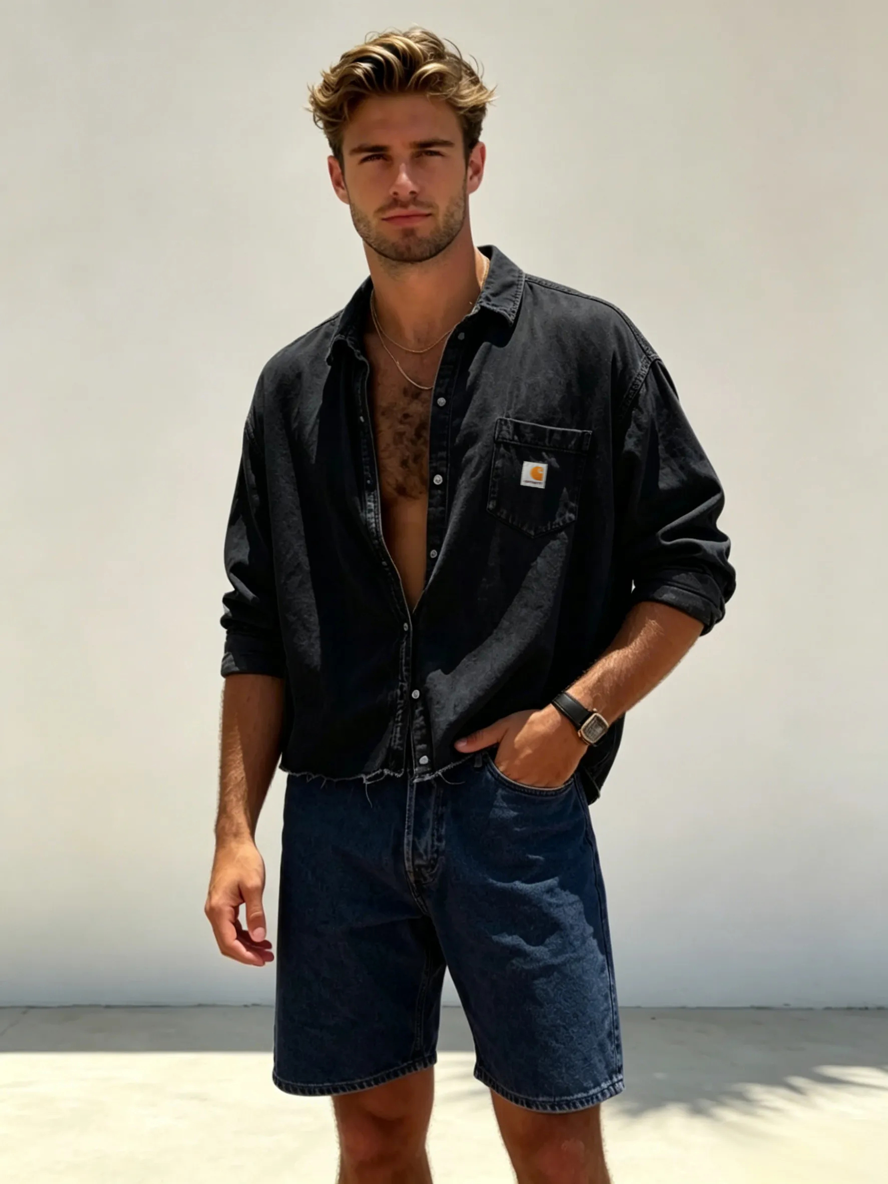 Frayed short denim shirt