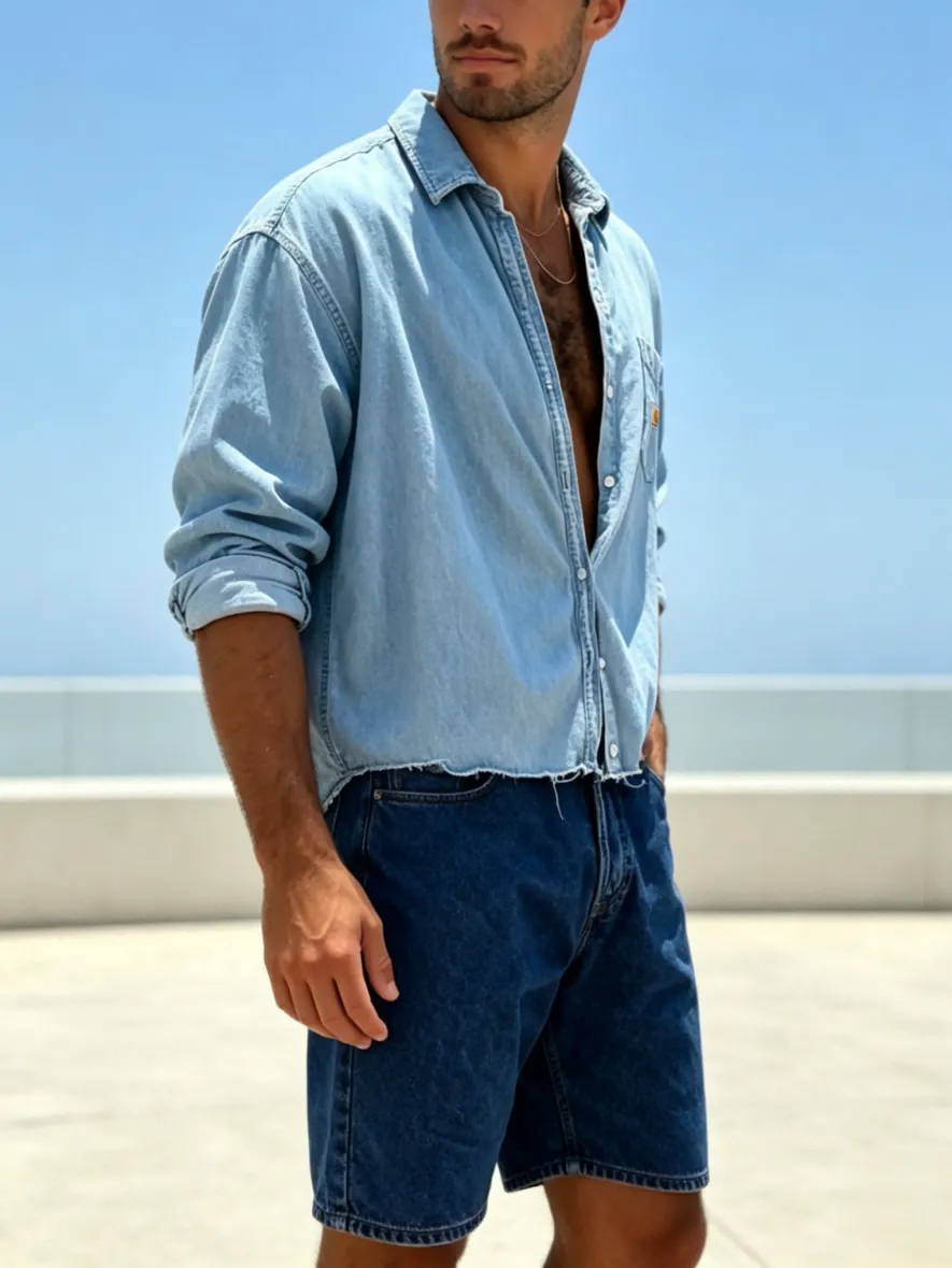 Frayed short denim shirt