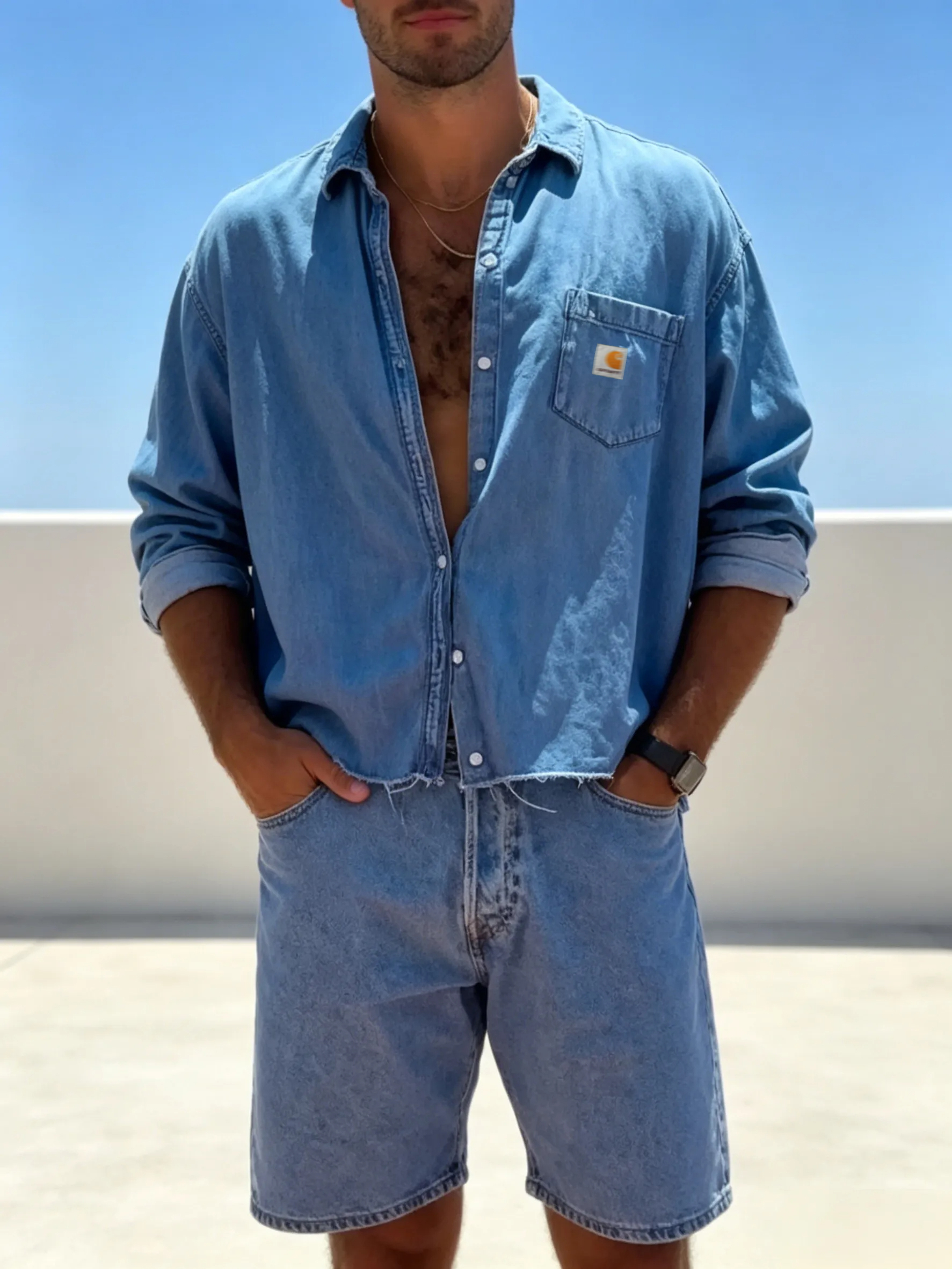 Frayed short denim shirt