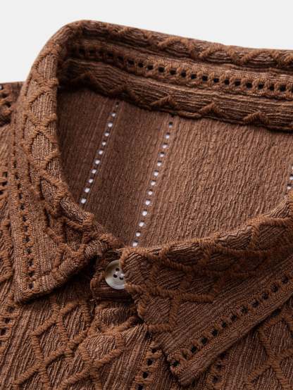 Geometry Rhombus Jacquard Button Up Shirt & Crinkle Textured Straight Leg Pants