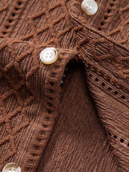 Geometry Rhombus Jacquard Button Up Shirt & Crinkle Textured Straight Leg Pants