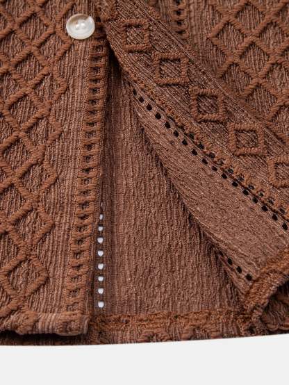 Geometry Rhombus Jacquard Button Up Shirt & Crinkle Textured Straight Leg Pants