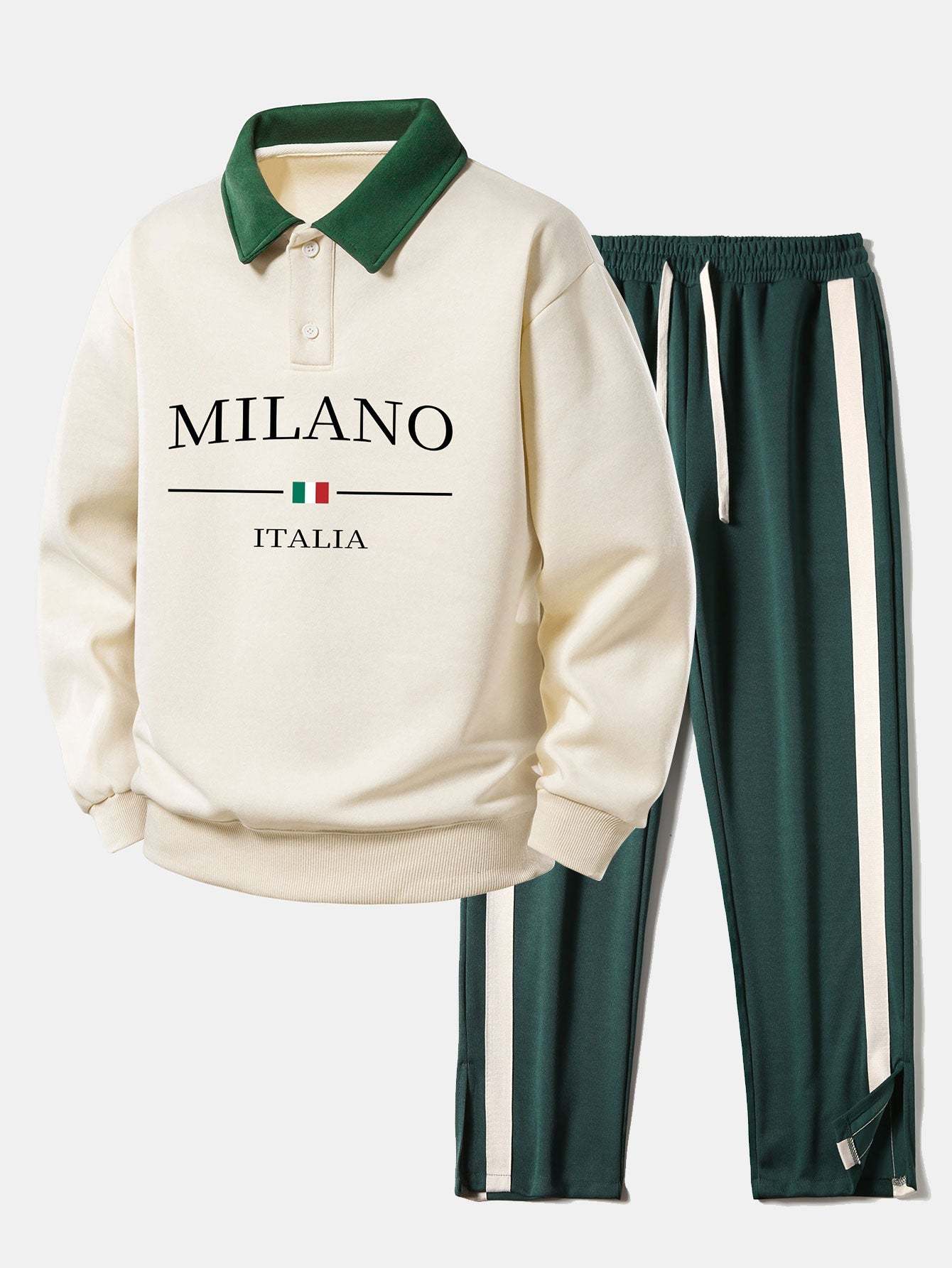 Relax Fit Milano Print Contrast Polo Sweatshirt & Slit Hem Stripe Pants