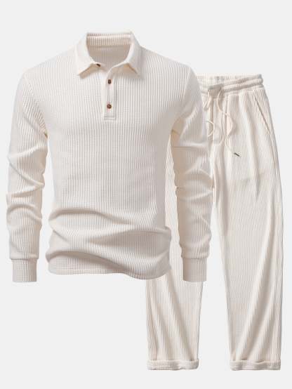 Long Sleeved Knitted Waffle Polo Shirt & Drawstring Knitted Waffle Pants
