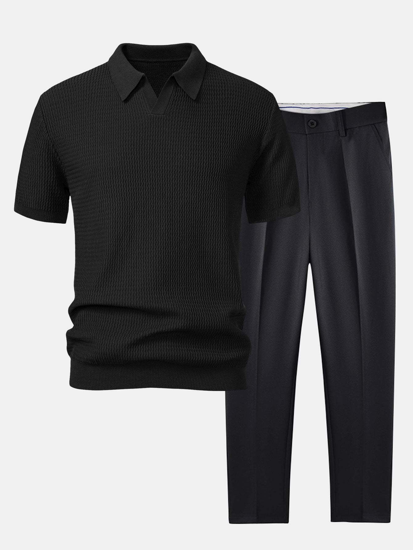 Wave Jacquard Knit V Neck Polo Shirt & Slim Fit Tapered Trousers