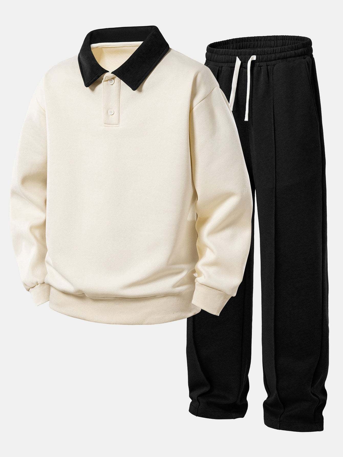 Relax Fit Contrast Polo Sweatshirt & Straight Leg Pleated Pintuck Sweatpants