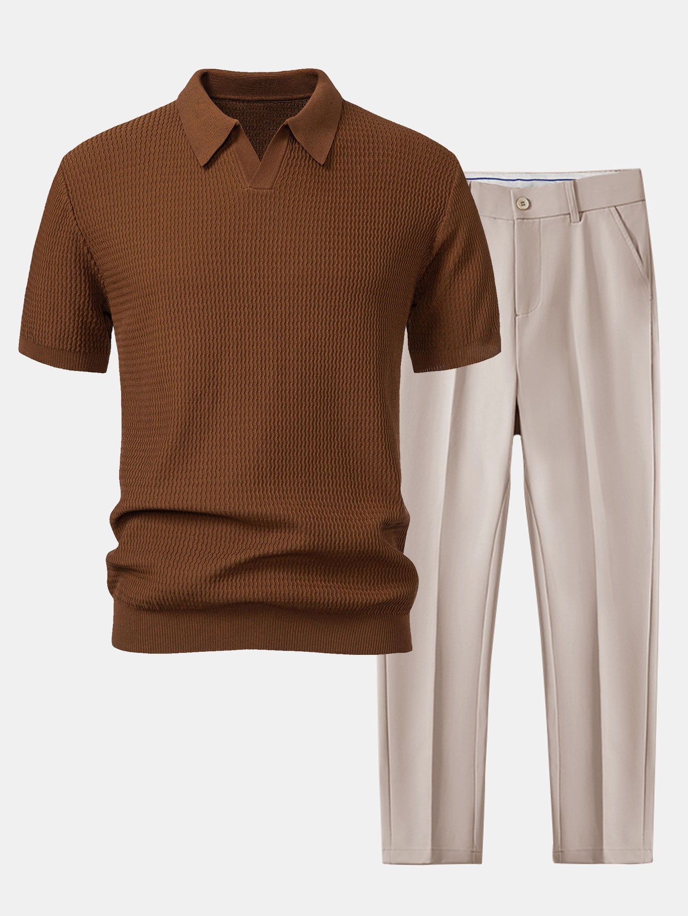 Wave Jacquard Knit V Neck Polo Shirt & Slim Fit Tapered Trousers