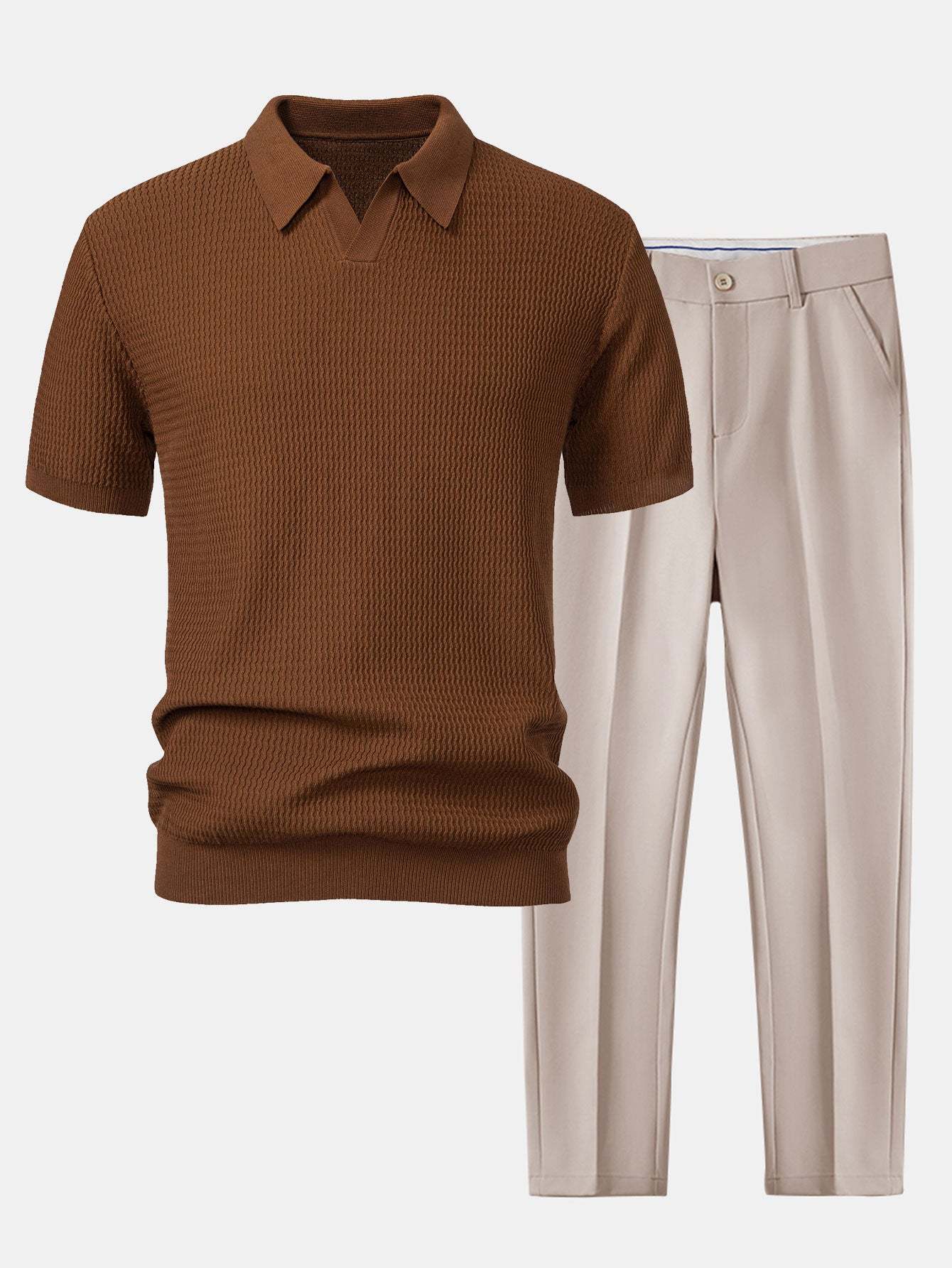 Wave Jacquard Knit V Neck Polo Shirt & Slim Fit Tapered Trousers
