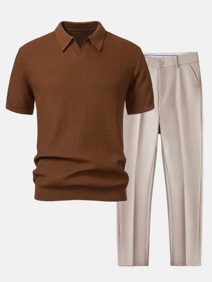 Wave Jacquard Knit V Neck Polo Shirt & Slim Fit Tapered Trousers