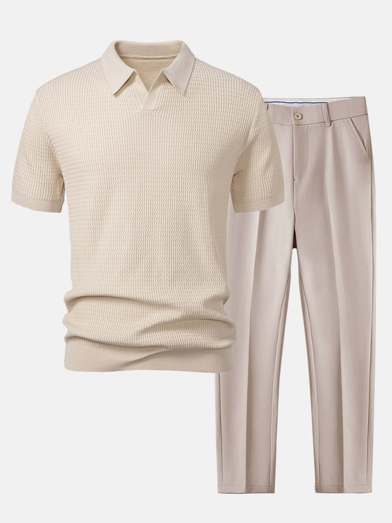 Wave Jacquard Knit V Neck Polo Shirt & Slim Fit Tapered Trousers