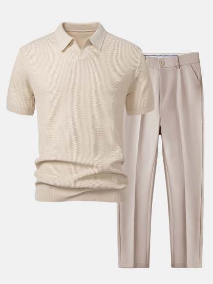 Wave Jacquard Knit V Neck Polo Shirt & Slim Fit Tapered Trousers