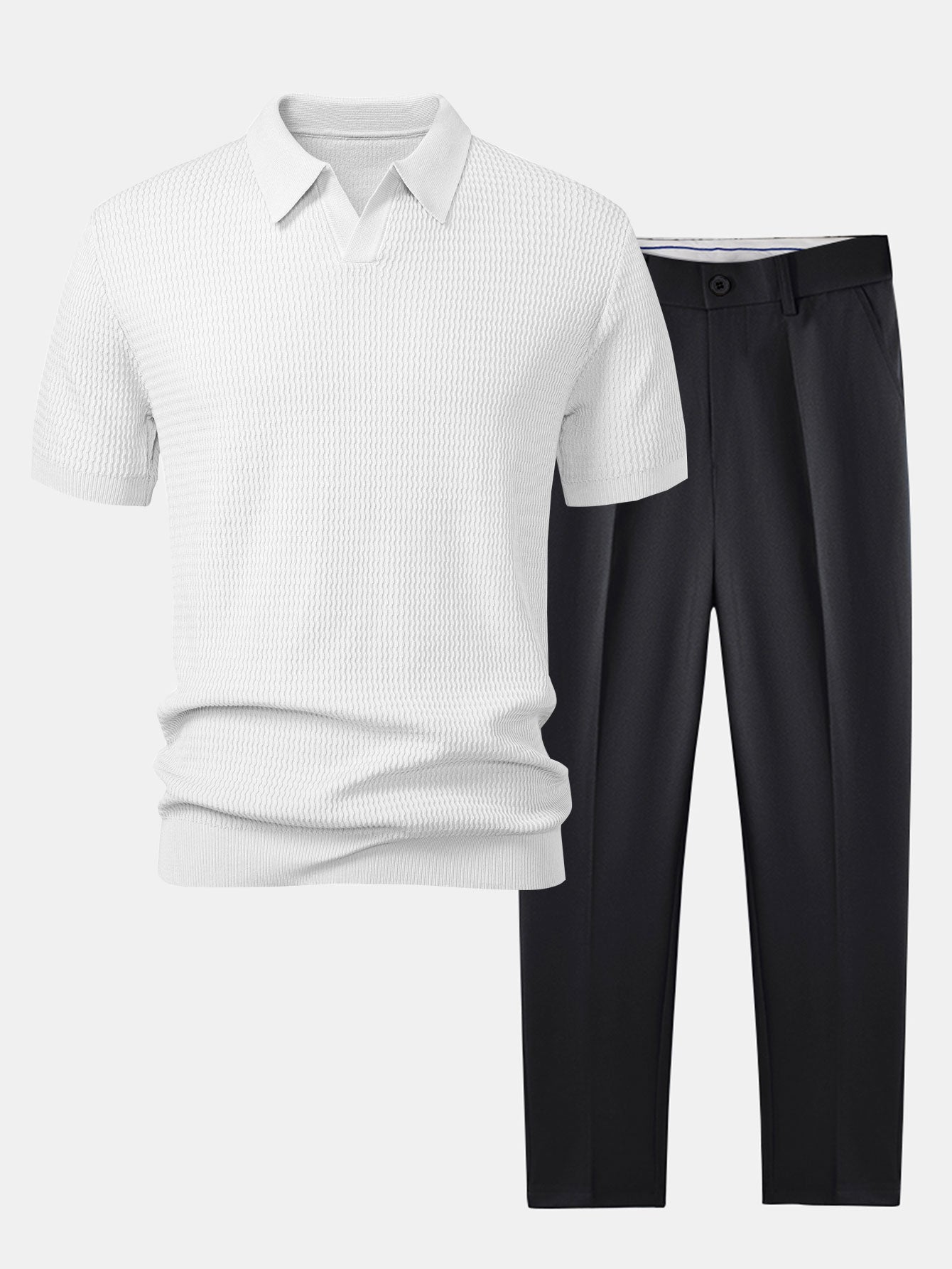 Wave Jacquard Knit V Neck Polo Shirt & Slim Fit Tapered Trousers