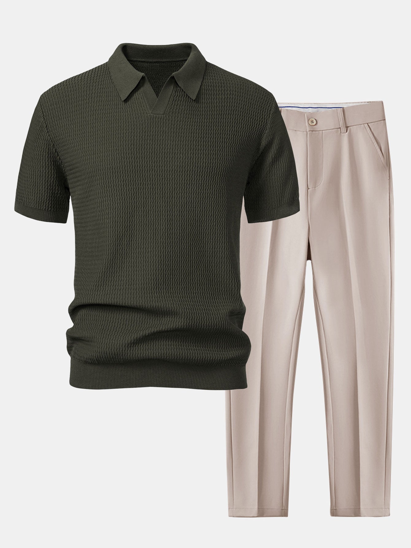 Wave Jacquard Knit V Neck Polo Shirt & Slim Fit Tapered Trousers