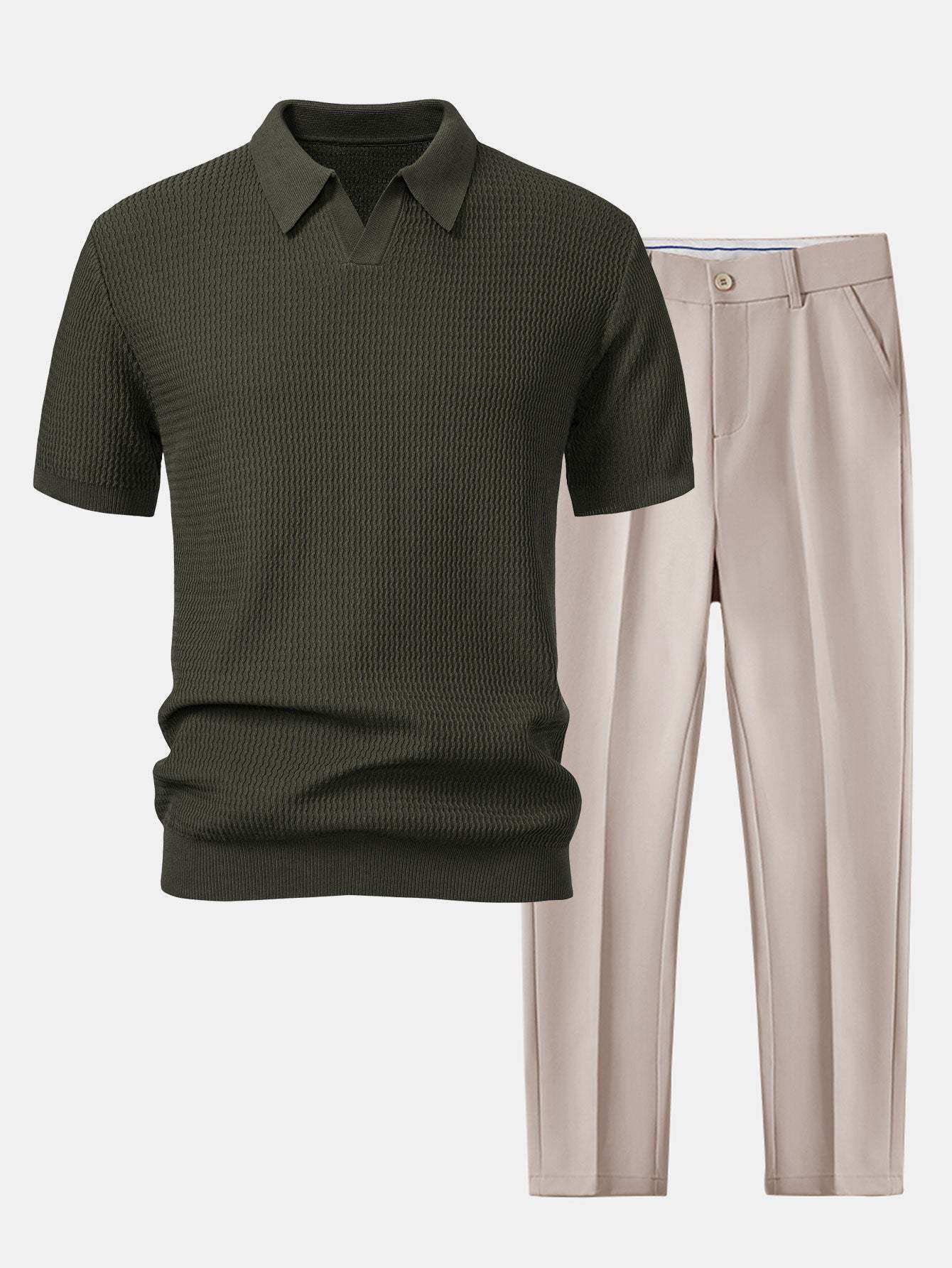 Wave Jacquard Knit V Neck Polo Shirt & Slim Fit Tapered Trousers