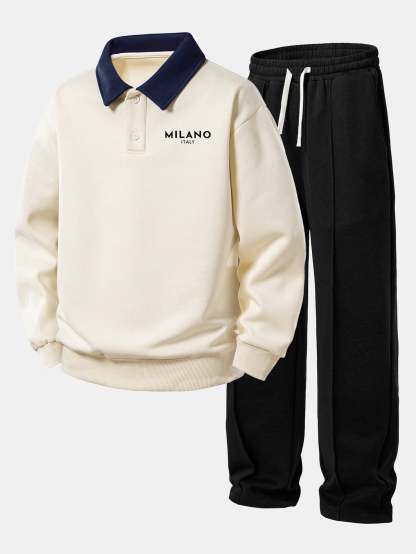 Relax Fit Milano Print Contrast Polo Sweatshirt & Straight Leg Pleated Pintuck Sweatpants