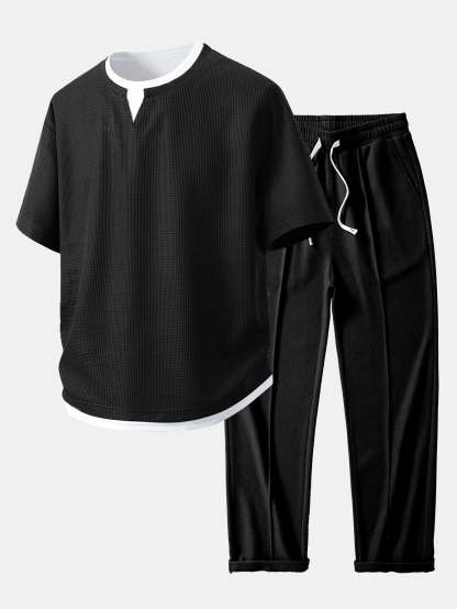 Relax Fit 2 In 1 Notched Collar Waffle T-Shirt & Waffle Pleated Pintuck Straight Leg Pants
