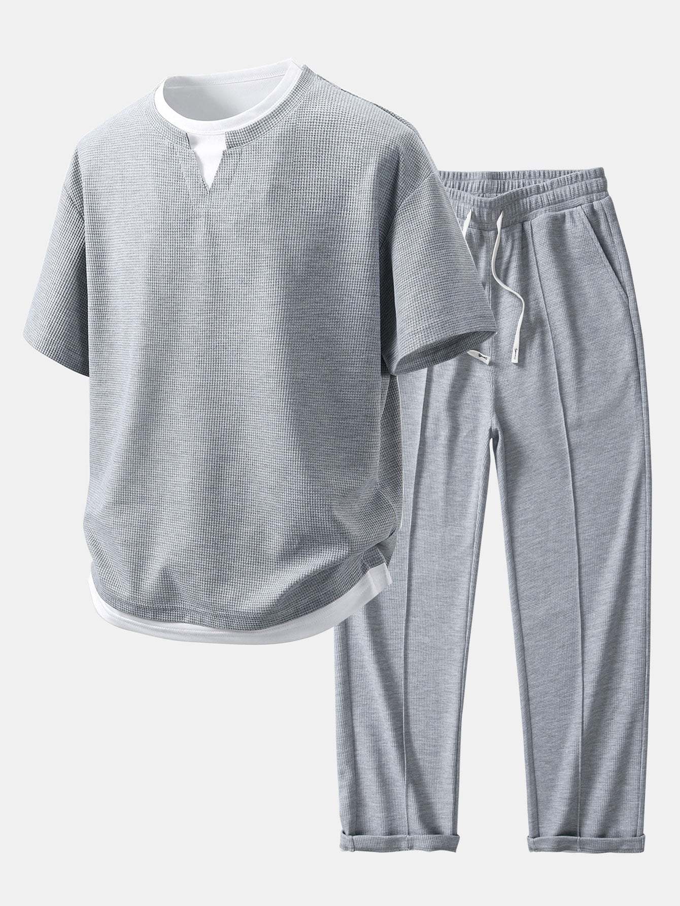 Relax Fit 2 In 1 Notched Collar Waffle T-Shirt & Waffle Pleated Pintuck Straight Leg Pants