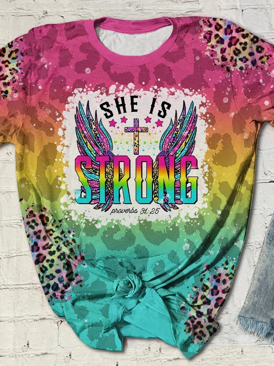 Leopard-print colorful wings she is strong graphic tee